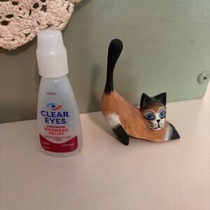 Vintage Hand Carved Wooden Cat Miniature Figurine Painted Blue Eye Folk Art Tri